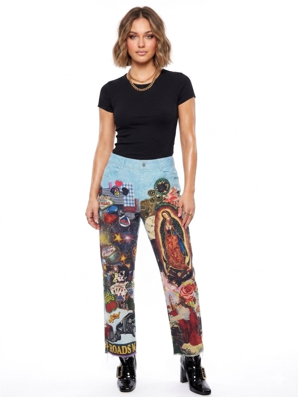 Wide Leg Graphic Streetwear Jeans in Light Blue Sz Medium